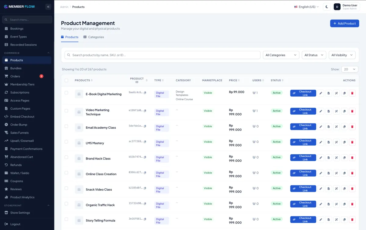 Manajemen produk dengan filter, harga, status, dan tombol link checkout