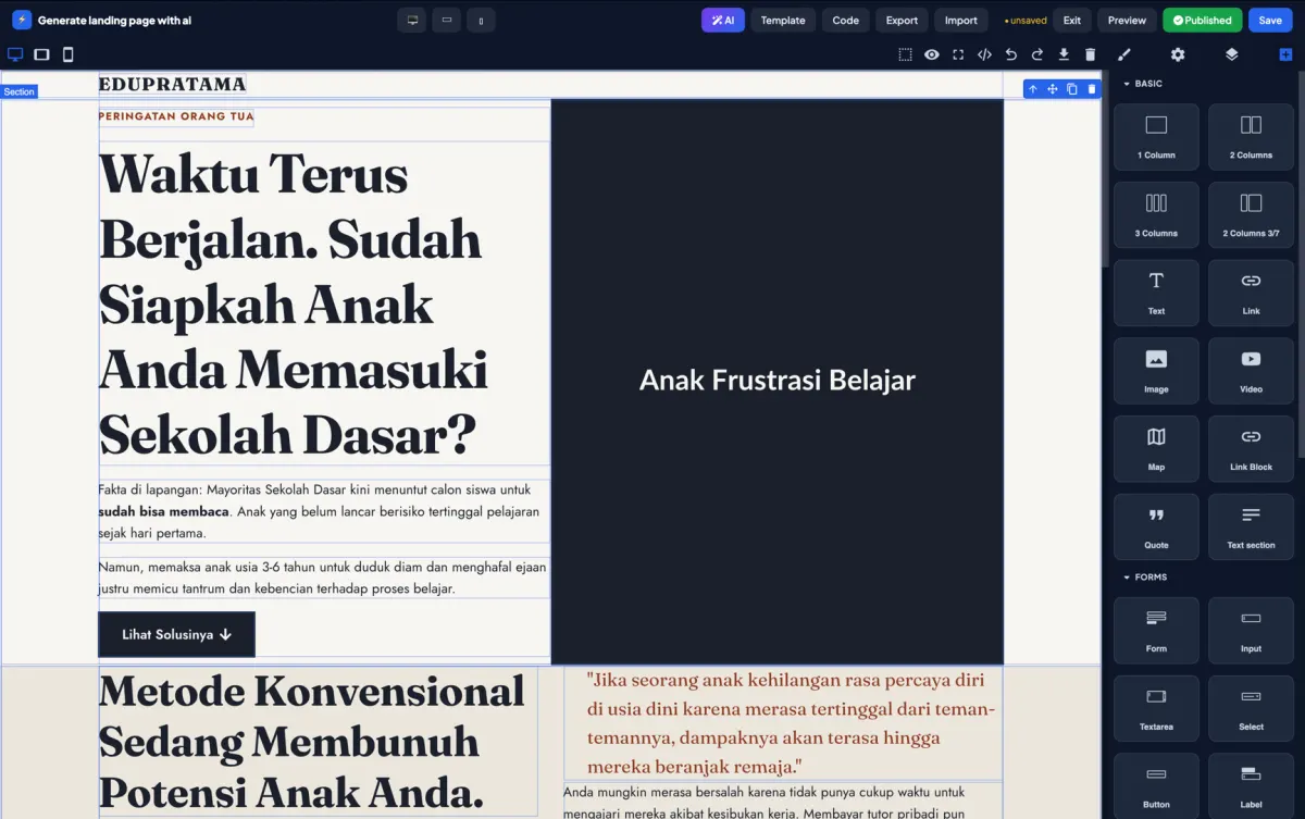 Page builder visual dengan panel elemen di sebelah kanan