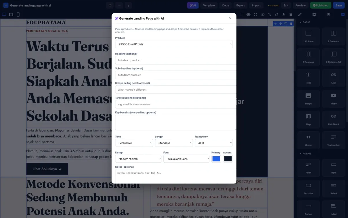 Generate landing page dengan AI: pilih produk, tone, framework, dan warna
