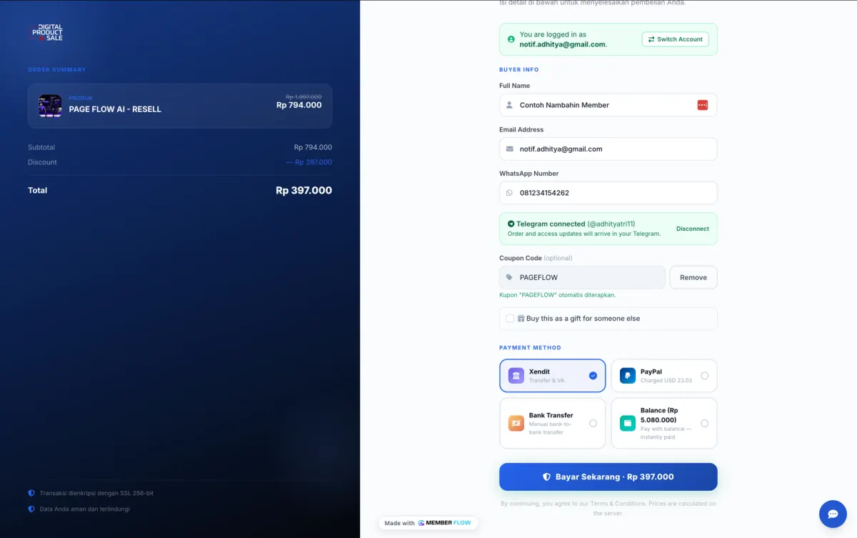 Halaman checkout: ringkasan pesanan, kupon, dan pilihan metode pembayaran