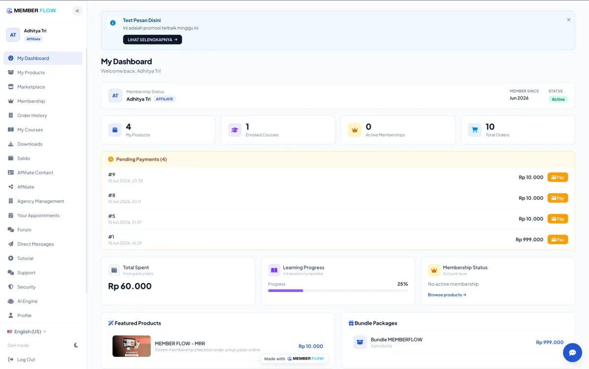 Dashboard member: status keanggotaan, tagihan tertunda, dan progres belajar