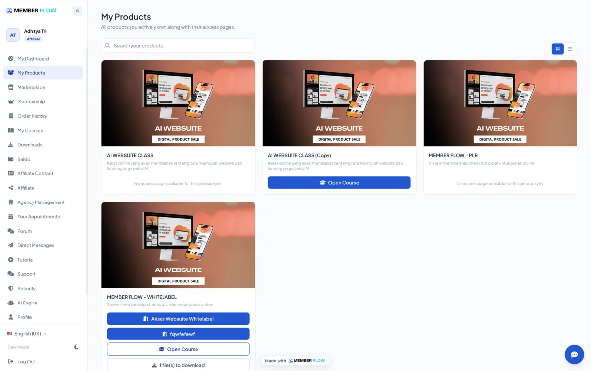 Produk yang dimiliki member beserta tombol akses dan unduhannya